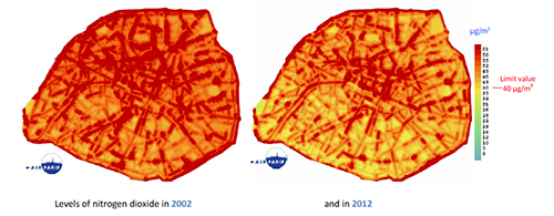 Annual mean levels of nitrogen dioxyde in Paris in 2002 and in 2012 - Courtesy Airparif