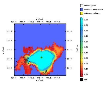 Probability to be in the reservoir and possible spill point locations