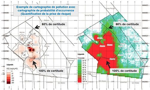 Example of a probability map indicating zones where the certainty to find the estimated level of pollution is the highest.