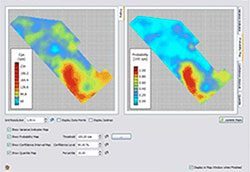 Example of (1) a site contamination mapping by kriging, (2) mapping of the probability of contamination